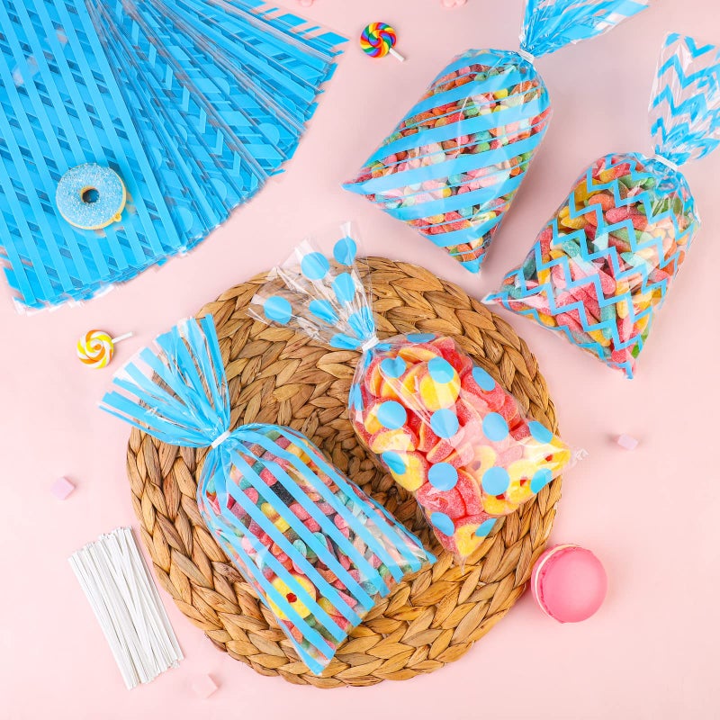 Aodaer 100 Pieces 10.6 x 5.1 In Blue Cellophane Bags Plastic Candy Bags Cellophane Treat Bag Polka Dot Stripes Printed Pattern Goodie Gift Bag with Twist Ties for Birthday  Baby Showers  Weddings Party Supplies - Image 4